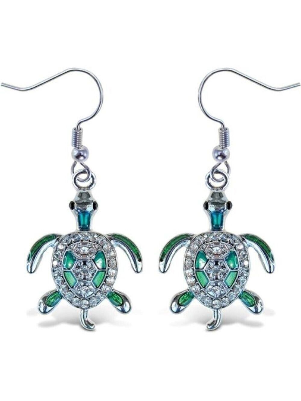Sparkling Green Sea Turtle Drop Earrings Silver Tone Cute Ocean Animal Jewelry